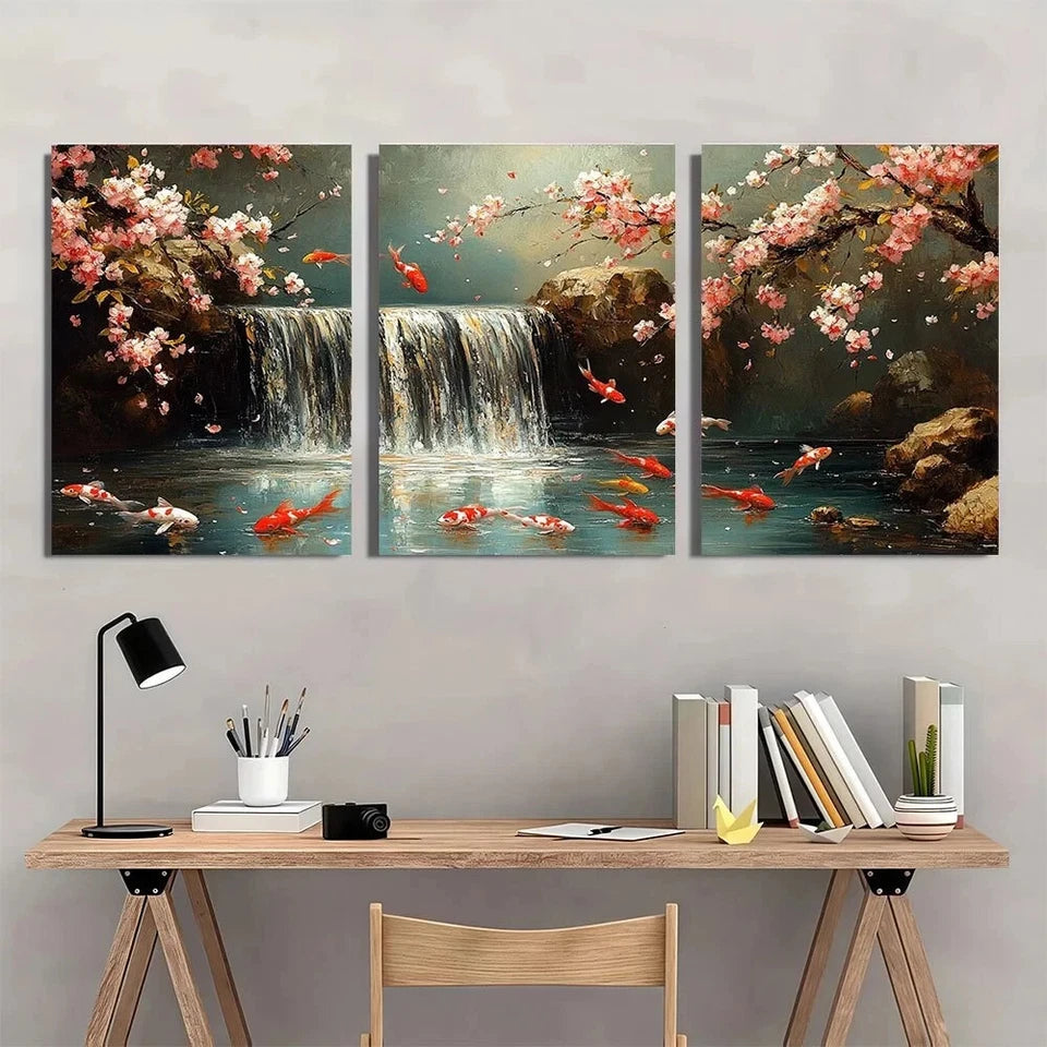 3pcs Koi Fish Cherry Blossoms & Waterfall Scene Metal Print Ready to Hang Art