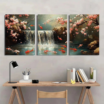3pcs Koi Fish Cherry Blossoms & Waterfall Scene Metal Print Ready to Hang Art