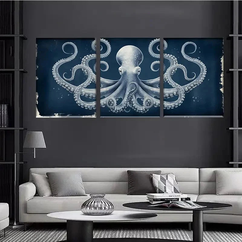 3pcs Enchanting Octopus Print on Dark Blue Metal Print Ready to Hang Art