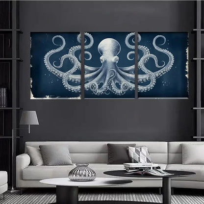 3pcs Enchanting Octopus Print on Dark Blue Metal Print Ready to Hang Art