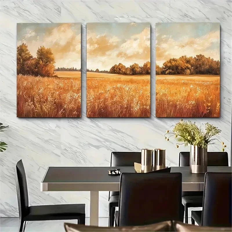 3pcs Wildflower Field Landscape Vintage Perfect Wall Art Set Canvas Framed 40x60cm - High Quality Print 100% Australian Made Wall Canvas Ready to Hang