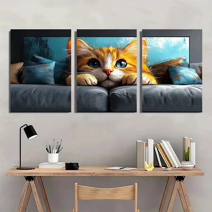 3pcs Whimsical Ginger Cat Black Metal Print Ready to Hang Art