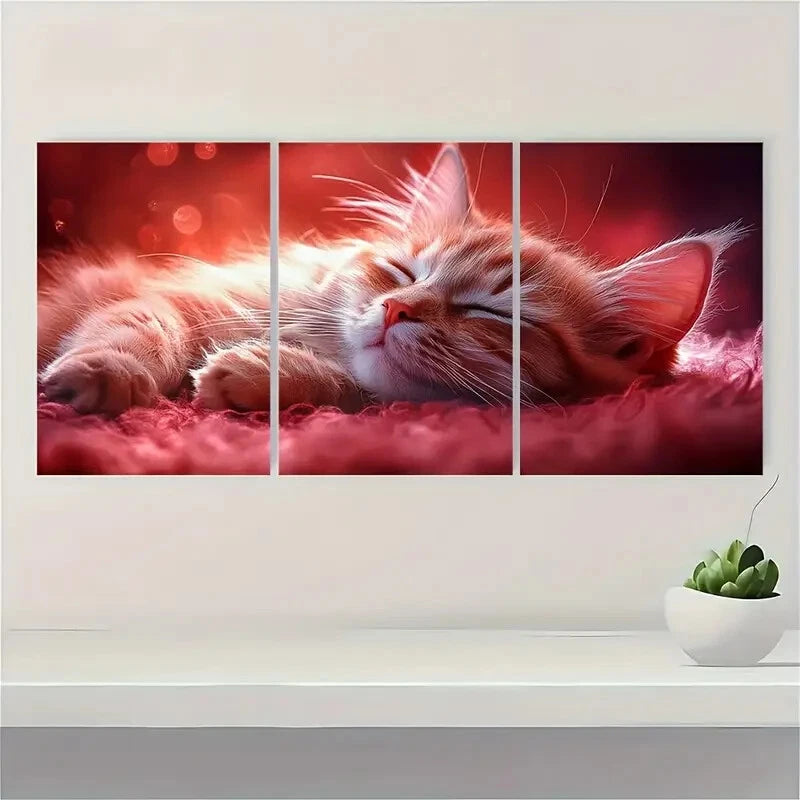 3pcs Charming Pink Cat Painting Metal Print Ready to Hang Art