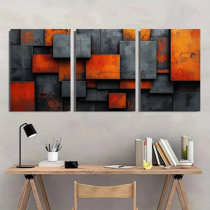 3pcs Abstract Modern Geometric Orange Grey Black Metal Print Ready to Hang Art