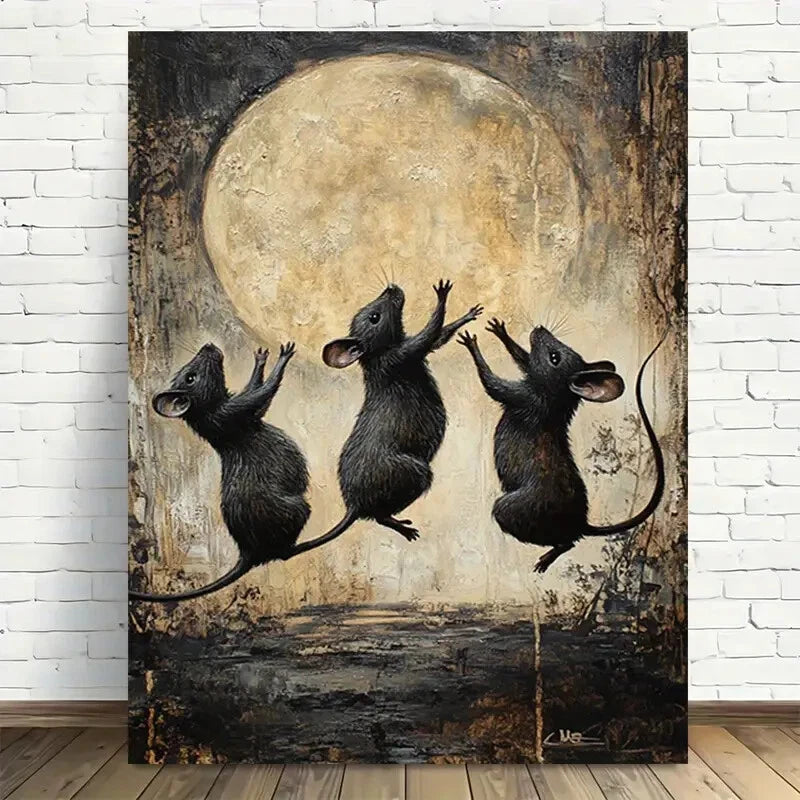 Beautiful Whimsical Jumping Mice Under Moon Painting 40x60cm Metal Print Ready to Hang