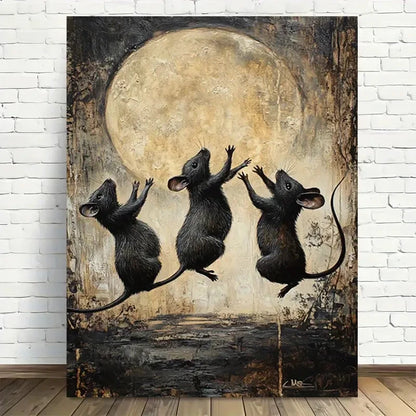 Beautiful Whimsical Jumping Mice Under Moon Painting 40x60cm Metal Print Ready to Hang
