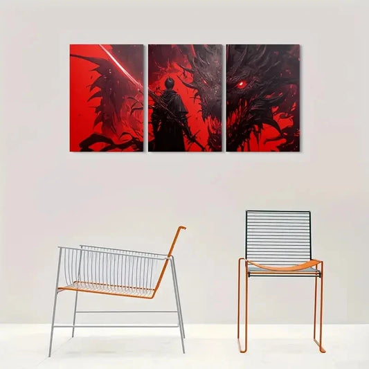 3pcs Fantasy Red and Black Dragon Battle Metal Print Ready to Hang Art