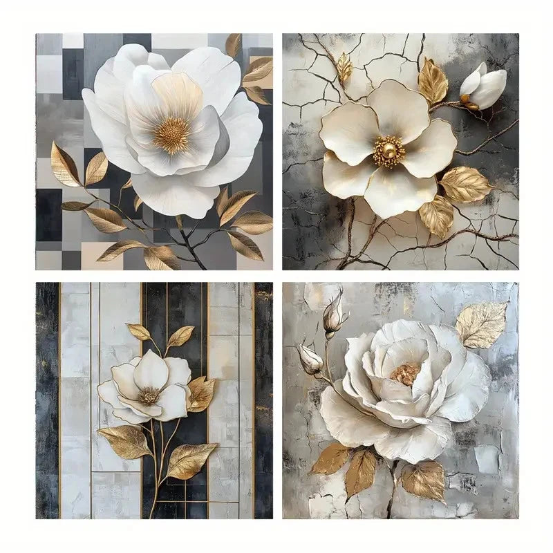 4pcs White Poster, Golden Art Prints Wall Art Canvas Framed