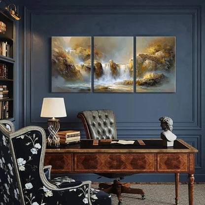 3pcs Waterfall Landscape Abstract Golden Rocks Art Metal Print Ready to Hang Art