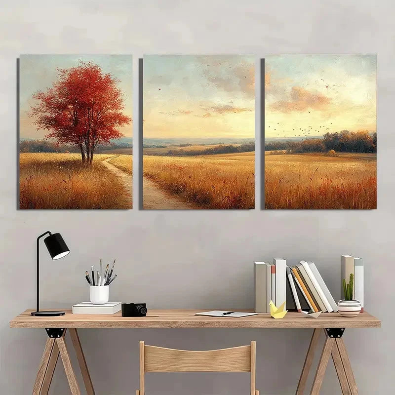 3pcs Vintage Rustic Autumn Landscape Perfect Wall Art Set Canvas Framed 40x60cm - High Quality Print 100% Australian Made Wall Canvas Ready to Hang.