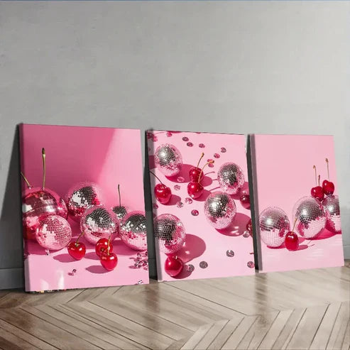 3pcs Cherries & Disco Balls Delicious Perfect Wall Art Set Canvas Unframed - High Quality Print 100% Australian Made Wall Canvas