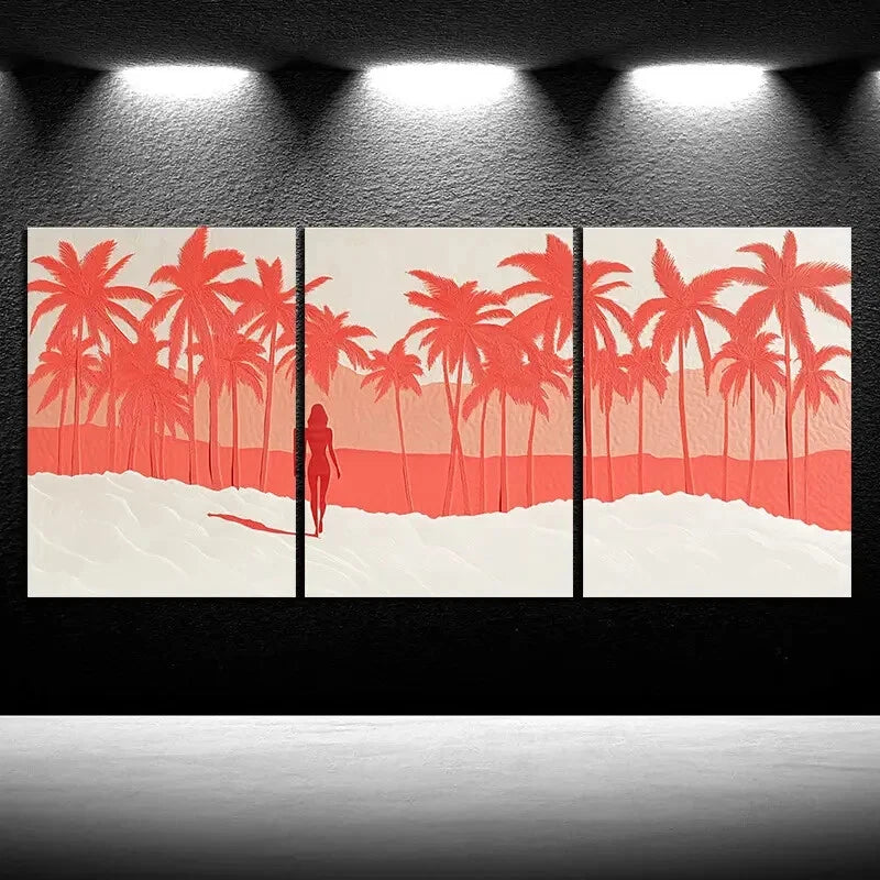 3pcs Red Coconut Trees Beach Scene Figure Metal Print Ready to Hang Art