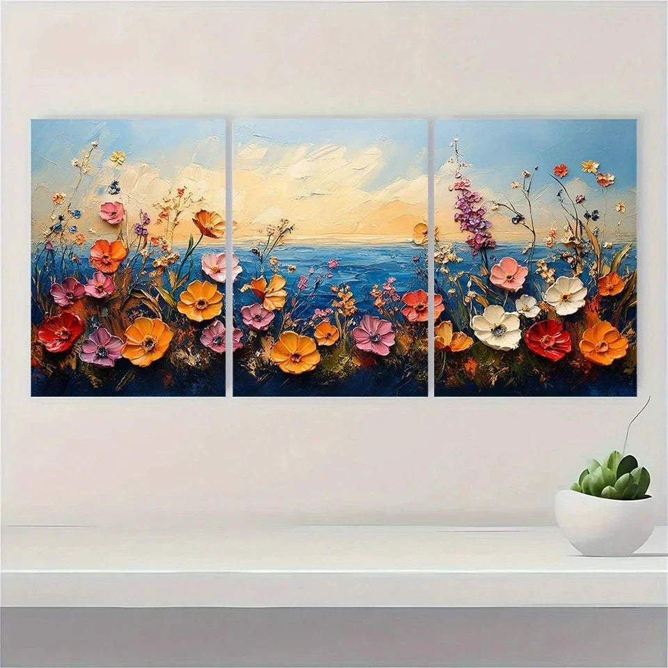 3pcs Coastal Painting Wildflower Texture Metal Print Ready to Hang Art