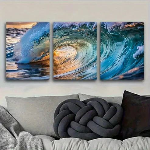 3pcs Dynamic Ocean Wave Photography Wall Art Set Canvas Unframed - High Quality Print 100% Australian Made Wall Canvas - Bella Home Decor