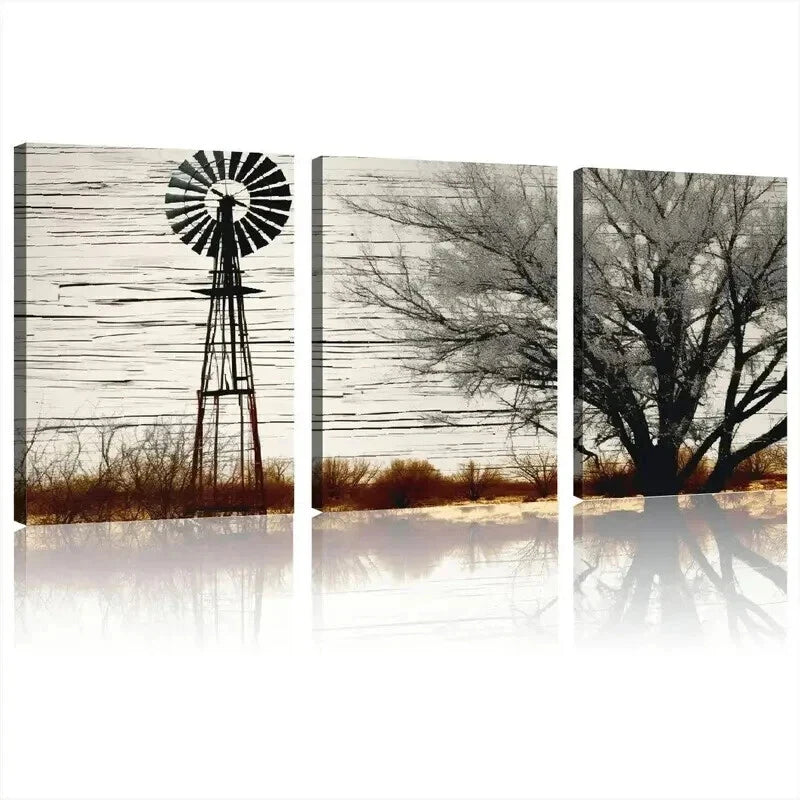 3pcs Rustic Windmill & Trees Orientation Wall Art Set Canvas Framed 40x60cm - High Quality Print 100% Australian Made Wall Canvas Ready to Hang