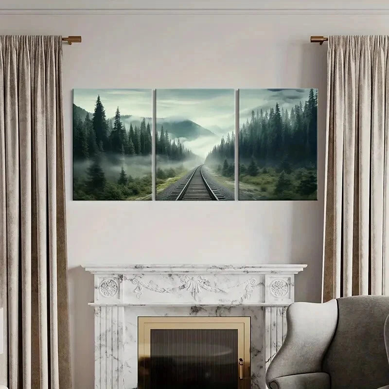 3pcs Misty Forest Railway Tracks Mountain Lands Metal Print Ready to Hang Art