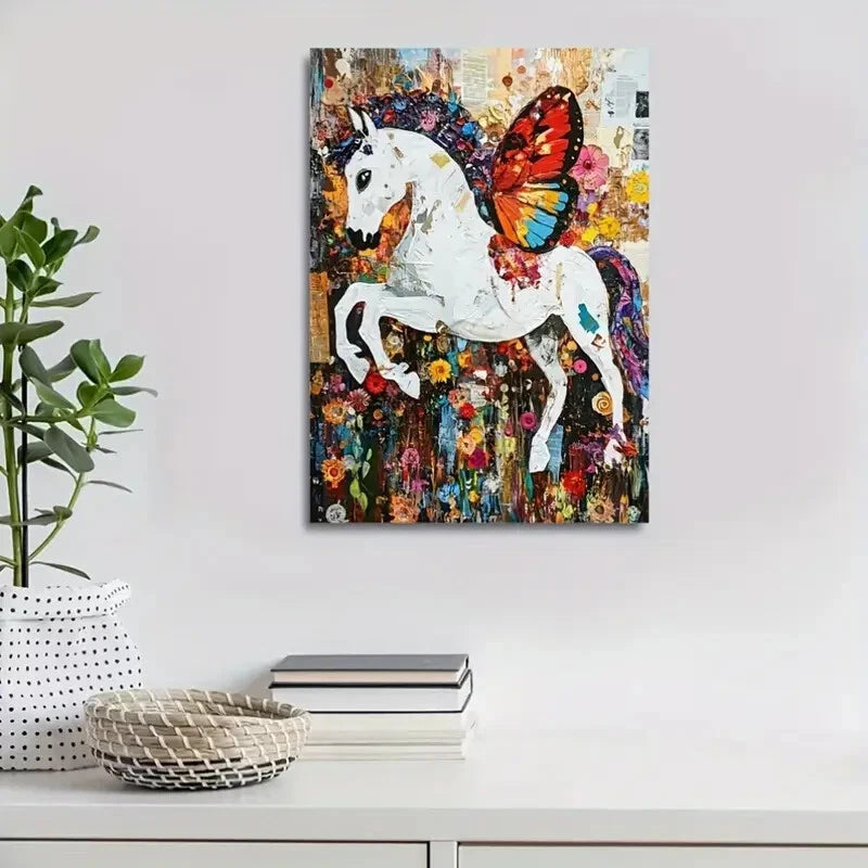 White Horse Reading Newspapers Painting 40x60cm Metal Print Ready to Hang