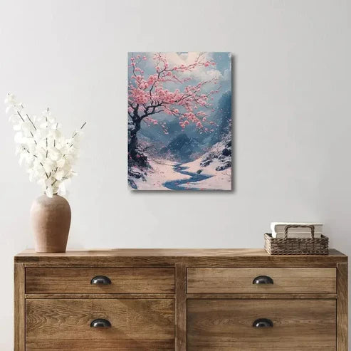 Beautiful Pink Sakuras Japanese Painting  60x90cm Metal Print Ready to Hang