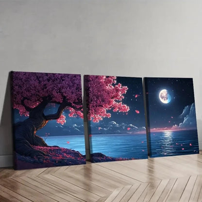 3pcs Flowering Tree & Moonlit Night Scene Wall Art Set Canvas Framed 40x60cm - High Quality Print 100% Australian Made Wall Canvas Ready to Hang