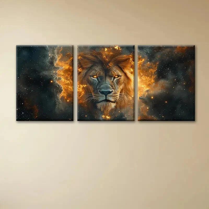 3pcs Majestic Lion with Glowing Eyes & Cosmic Metal Print Ready to Hang Art