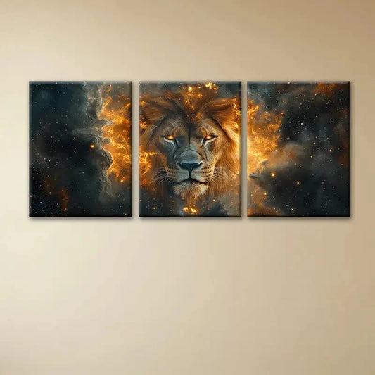 3pcs Majestic Lion with Glowing Eyes & Cosmic Metal Print Ready to Hang Art