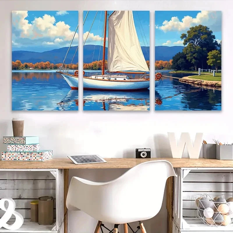 3pcs Serene Sailboat on Tranquil Waters Wall Art Set Canvas Framed 40x60cm - High Quality Print 100% Australian Made Wall Canvas Ready to Hang