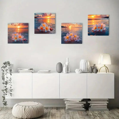 4pcs Floral Beach Sunrise & Ocean ViewWall Art Canvas Framed