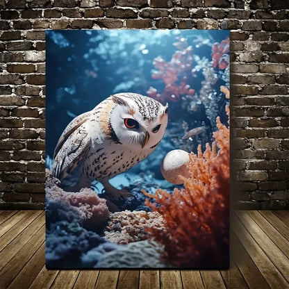 Beautiful Underwater Owl & Coral Reef Scene Painting 40x60cm Metal Print Ready to Hang