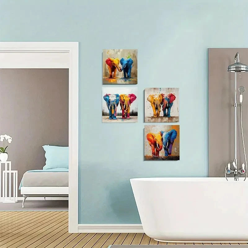 4pcs Blue & Red Elephants Wall Art Canvas Framed