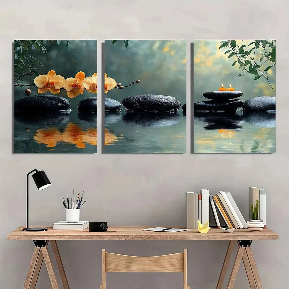 3pcs Serene Water Reflection Stones and Candles Metal Print Ready to Hang Art