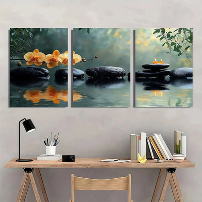 3pcs Serene Water Reflection Stones and Candles Metal Print Ready to Hang Art