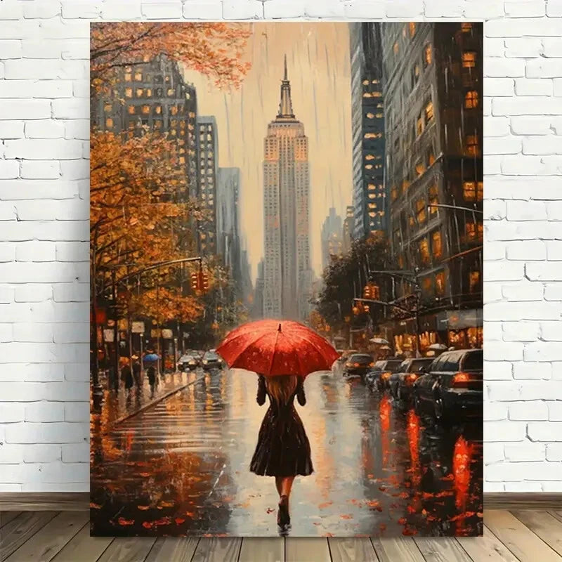 Beautiful Vintage Rainy Cityscape with Red Painting 40x60cm Metal Print Ready to Hang