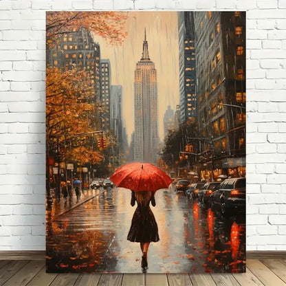 Beautiful Vintage Rainy Cityscape with Red Painting 40x60cm Metal Print Ready to Hang