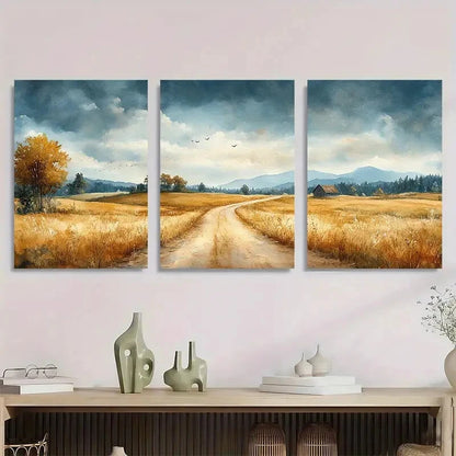 3pcs Watercolor Country Road Metal Print Ready to Hang Art