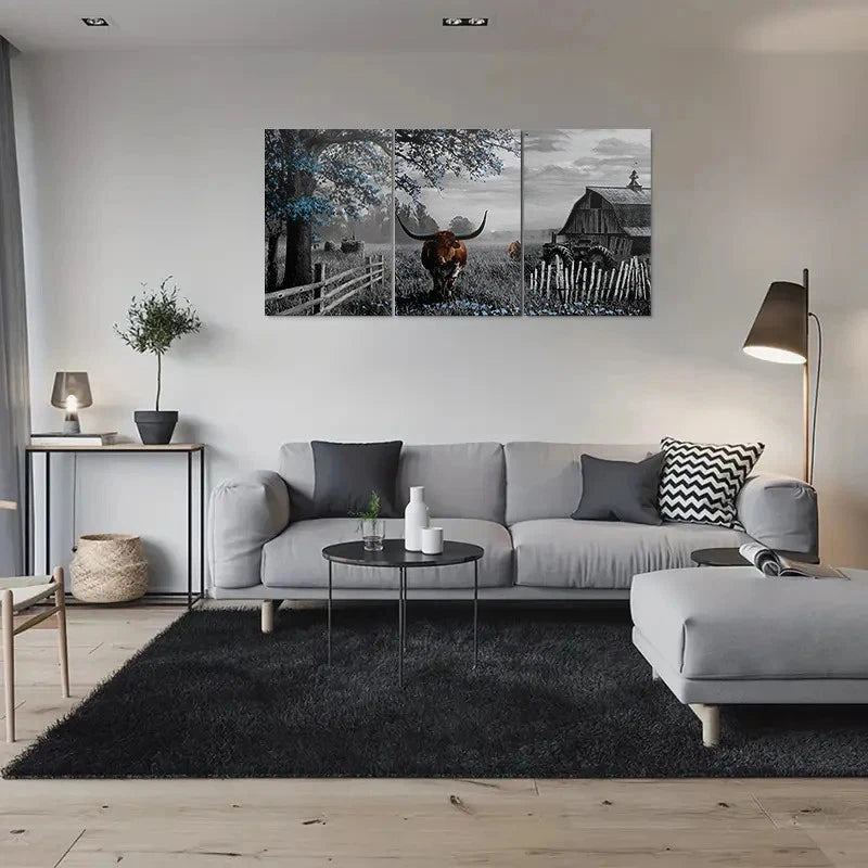 3pcs Rustic Farm Scene Longhorn Cow Barn Metal Print Ready to Hang Art