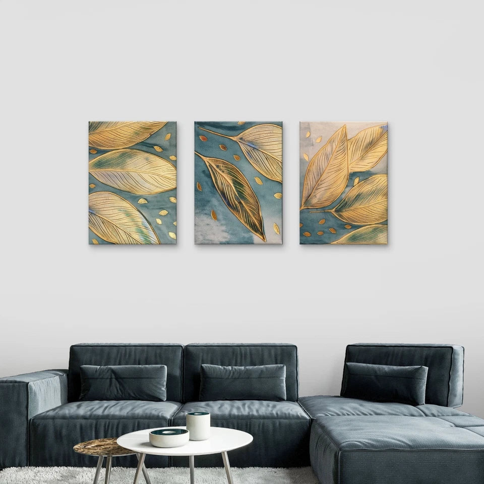 3pcs Gold and Blue Leaf Pattern Luxurious Wall Art Set Canvas Framed 40x60cm - High Quality Print 100% Australian Made Wall Canvas Ready to Hang