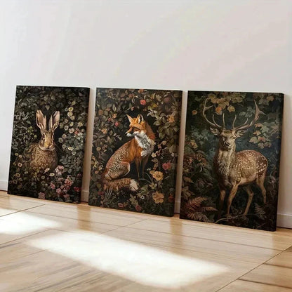 3pcs Rabbit Fox & Sika Deer Paintings Wall Art Set Canvas Framed 40x60cm - High Quality Print 100% Australian Made Wall Canvas Ready to Hang