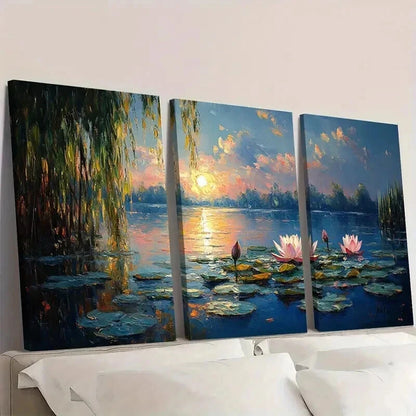 3pcs Abstract Monet Sleeping for Lotus Pond Wall Art Set Canvas Framed 40x60cm - High Quality Print 100% Australian Made Wall Canvas Ready to Hang