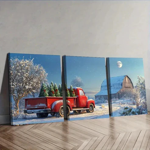 3pcs Christmas Tree Red Truck Nature Perfect Wall Art Set Canvas Unframed - High Quality Print 100% Australian Made Wall Canvas