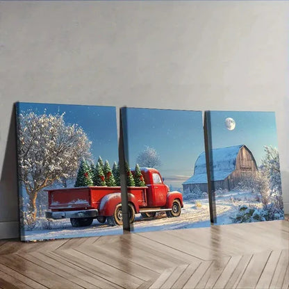 3pcs Christmas Tree Red Truck Nature Perfect Wall Art Set Canvas Unframed - High Quality Print 100% Australian Made Wall Canvas
