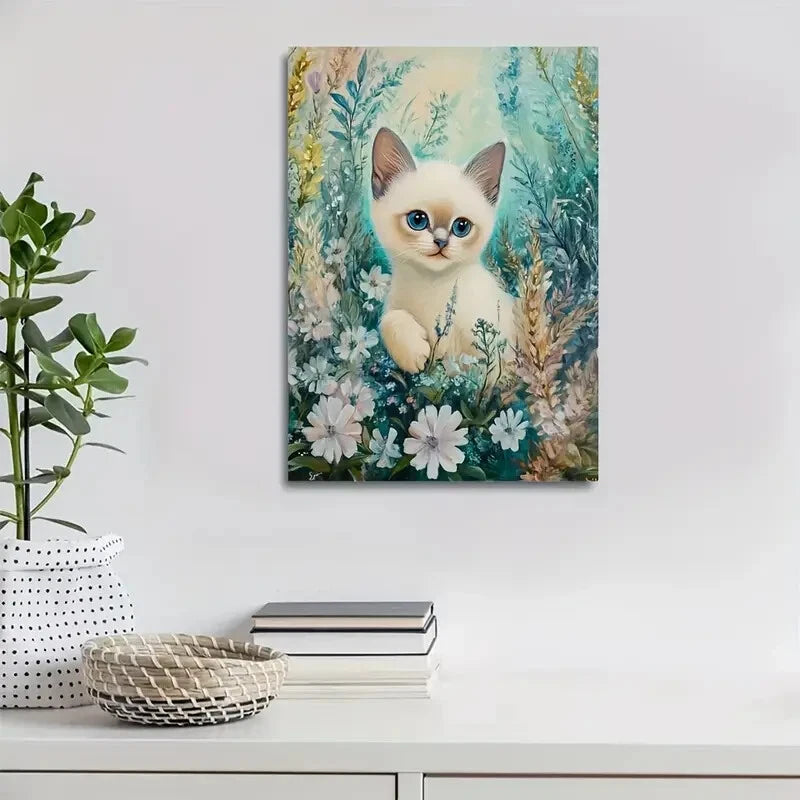 Cute Siamese Kitten with Blue Eyes in Floral 40x60cm Metal Print Ready to Hang