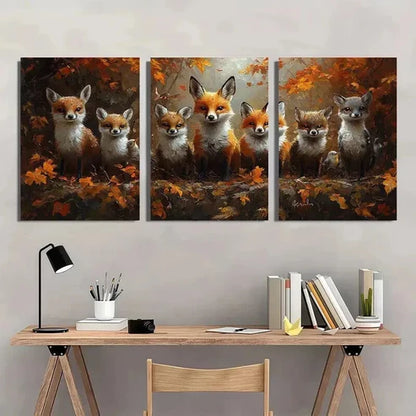 3pcs Fox Family in Vibrant Autumn Forest Wall Art Canvas Unframed - High Quality Print 100% Australian Made Wall Canvas