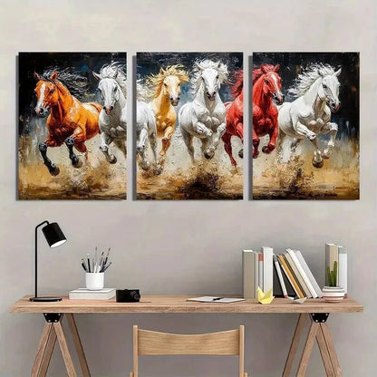 3pcs Vintage White Brown Red Running Horses Wall Art Set Canvas Framed 40x60cm - High Quality Print 100% Australian Made Wall Canvas Ready to Hang