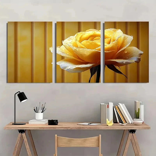 3pcs Yellow Rose Flower Droplet Perfect Wall Art Set Canvas Framed 40x60cm - High Quality Print 100% Australian Made Wall Canvas Ready to Hang