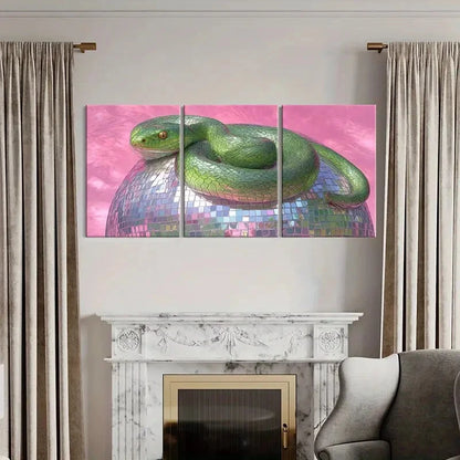 3pcs Green Snake Coiled on Disco Ball Abstract Art Metal Print Ready to Hang Art
