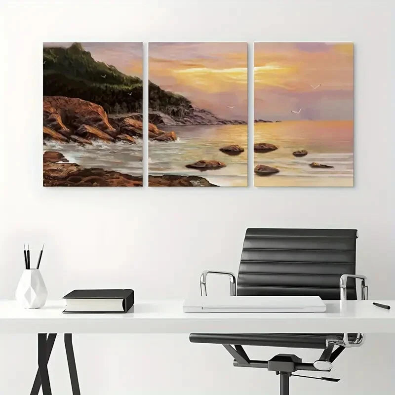 3pcs Sunset Beach and Mountain View Metal Print Ready to Hang Art