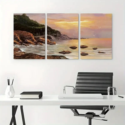 3pcs Sunset Beach and Mountain View Metal Print Ready to Hang Art