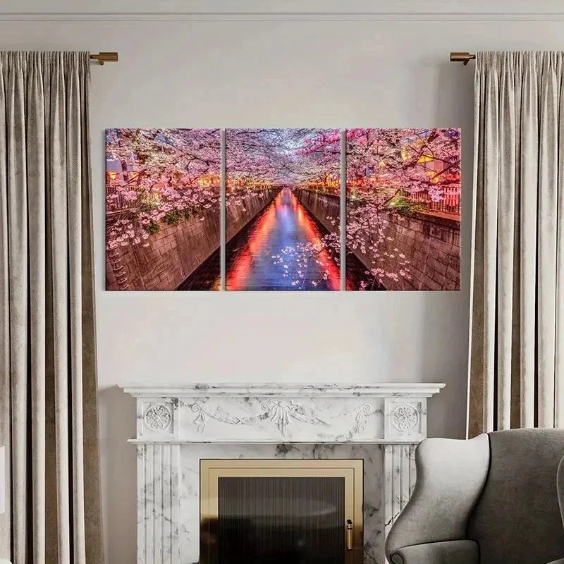 3pcs Cherry Blossom Street Landscape Painting Wall Art Set Canvas Framed 40x60cm - High Quality Print 100% Australian Made Wall Canvas Ready to Hang