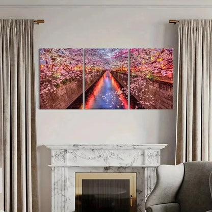 3pcs Cherry Blossom Street Landscape Painting Wall Art Set Canvas Framed 40x60cm - High Quality Print 100% Australian Made Wall Canvas Ready to Hang
