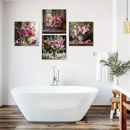 4pcs Mixed Flower Paintings, Vase Wall Art Canvas Framed